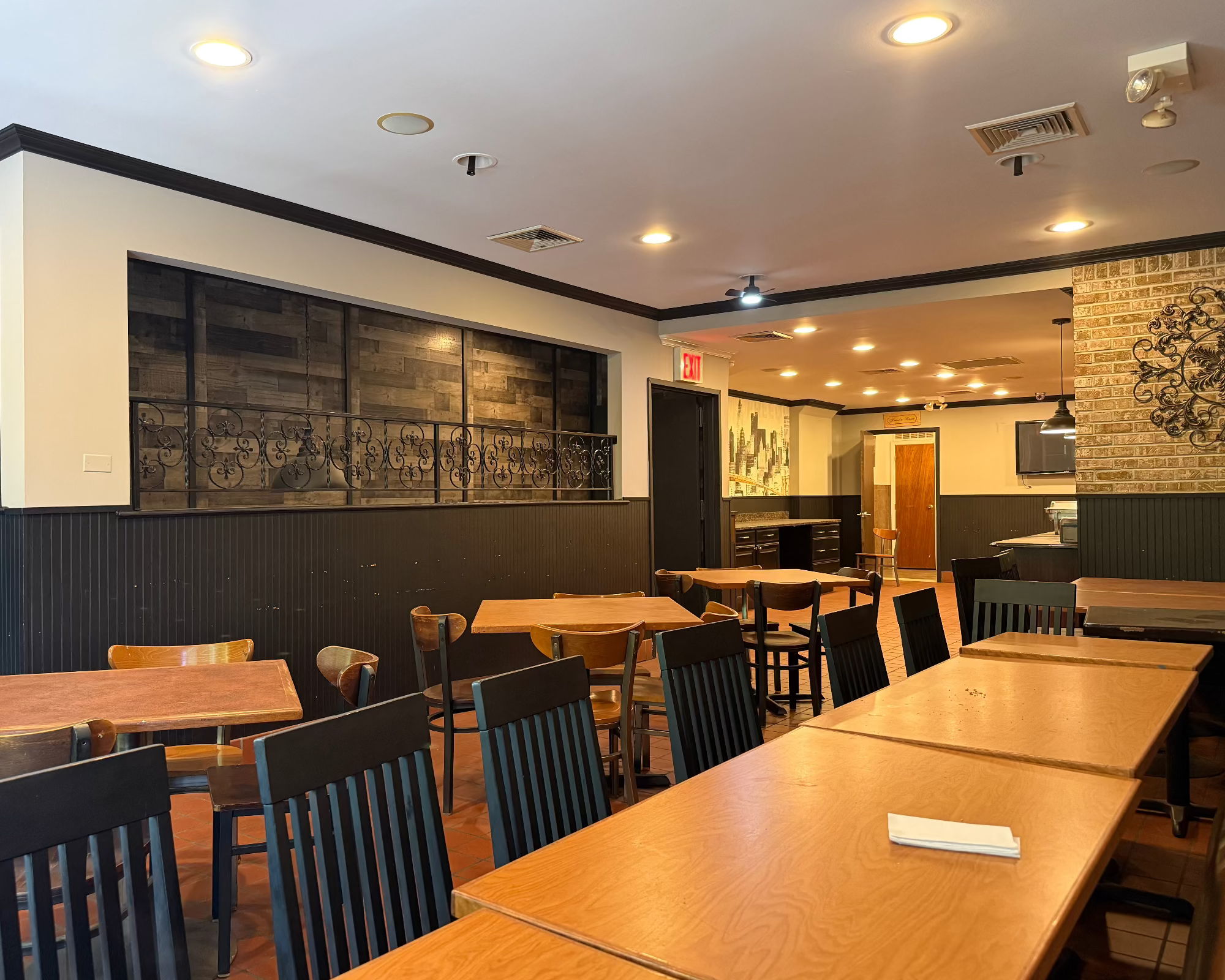 Events space with tables and chairs.